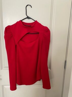 Women's Red Long-Sleeve Cutout Blouse with Puff Shoulders